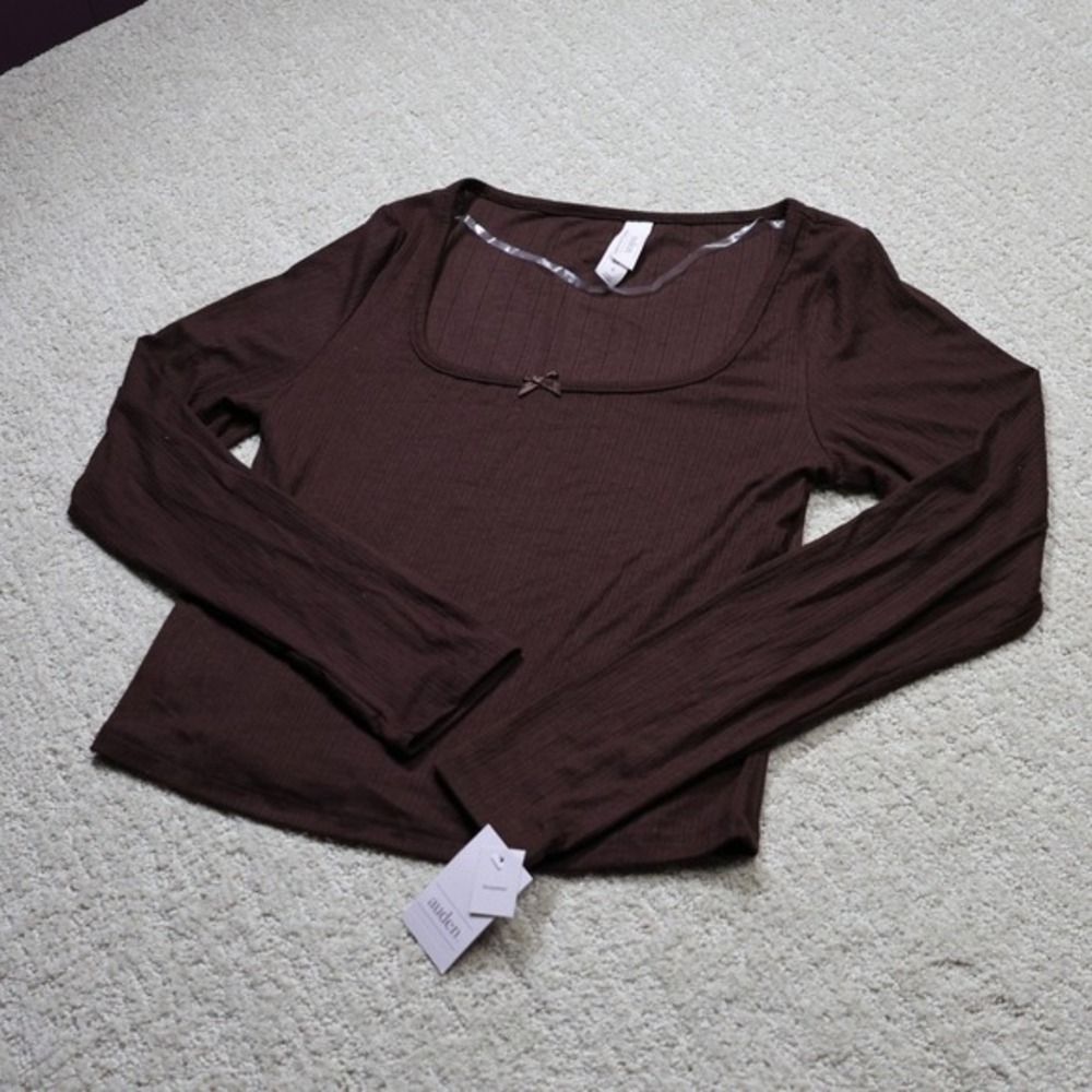 Auden Brown Ribbed Long Sleeve Sleep Shirt Square Neck Bow Detail Medium